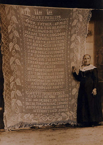 Mary Phillips nee Turnbull with crochet Lord's Prayer